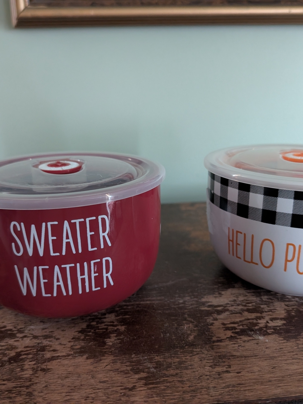 Red "Sweater Weather" and Hello Pumpkin Ceramic Bowls with Lid